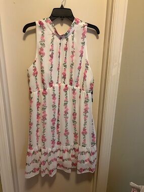 Maison Tara White Sleeveless Dress with Pink Floral Stripes